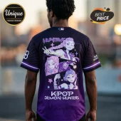 Black and purple baseball jersey featuring K-Pop Demon Hunters anime artwork and the text Huntrax on the back.!