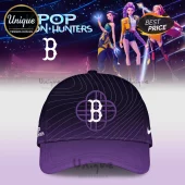 Purple baseball cap with white stylized letter B emblem, curved line patterns, and side brand logo on a gradient backdrop.!