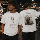 White cotton t-shirt with front and back graphics depicting a wine glass and a person standing before a large vortex.!