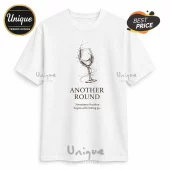 White crewneck t-shirt featuring a black ink-style wine glass illustration and the text Another Round below it.!