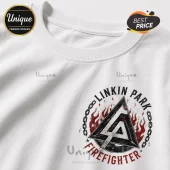 White cotton t-shirt featuring a Linkin Park Firefighter graphic with a black triangle logo, flames, and metal chains.!
