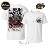 White Linkin Park firefighter t-shirt with back graphic of a helmet, flames, city skyline, and text about strength.!
