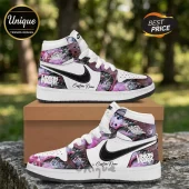 Custom Linkin Park high-top sneakers with white leather, black swoosh, and pink smoke graphic overlays on a brown box.!