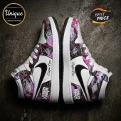 Custom Linkin Park high-top sneakers with white leather, black swoosh, and pink smoke graphic accents on grey background.!