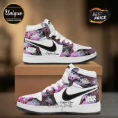 Custom Linkin Park themed white high-top sneakers with purple and black abstract print and black swoosh logo on cardboard.!
