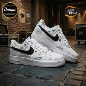 Custom white leather sneakers with black Nike swoosh featuring Linkin Park From Zero World Tour logos and artist signatures.!