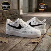 Custom white Nike Air Force 1 sneakers featuring Linkin Park From Zero tour graphics and band signatures.!