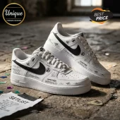 Custom white leather sneakers with black Nike swooshes, Linkin Park band logos, signatures, and From Zero tour graphics.!