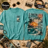 Teal mineral-washed Linkin Park t-shirt featuring front logo and back graphic of a sunset beach, skate bowl, and typography.!