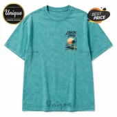 Teal mineral-wash cotton t-shirt with a Linkin Park chest print featuring a palm tree, ocean, and sunset graphic.!