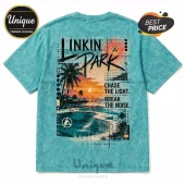 Turquoise mineral-wash t-shirt with Linkin Park graphic featuring a sunset, skate bowl, palm trees, and song lyrics.!