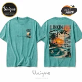 Teal mineral-wash t-shirt with Linkin Park sunset skate park graphic, back print text reads Chase The Light Break The Noise.!
