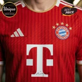 FC Bayern Munchen soccer jersey in red with white vertical stripes, Telekom logo, Adidas logo, and five golden stars.!