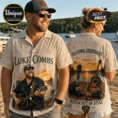 Luke Combs beige button-down shirt with guitar and sunset prints, text reading Luke Combs and Old School Soundtracks.!