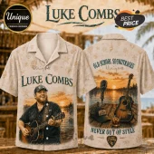 Luke Combs beige button-down shirt with concert graphics, acoustic guitar, microphone, and sunset lake motif.!