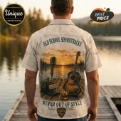 Man wearing beige button-up shirt featuring a guitar, microphone, and sunset pier print with Luke Combs text branding.!