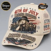 Beige baseball cap featuring Lynyrd Skynyrd band members, American flag, 1776 text, and eagle graphic in vintage style.!