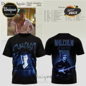 Malcolm Todd black graphic t-shirt featuring tour photos and blue stylized typography on the front and back.!