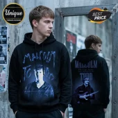 Black hooded sweatshirt with front blue text reading Malcolm Todd and a portrait of a man, back shows concert tour graphic.!