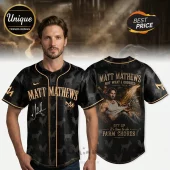 Matt Mathews baseball jersey featuring a black and gold goat pattern, front signature, and back tour graphic print.!