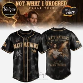 Black baseball jersey featuring Matt Mathews Not What I Ordered branding, goat and rooster patterns, and a photographic back.!