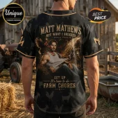 Matt Mathews Not What I Ordered World Tour black baseball jersey featuring a man with a rooster and goat on a farm scene.!