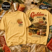 Yellow cotton t-shirt with vintage McDonald's graphic featuring a retro restaurant, convertible car, palm trees, and text.!