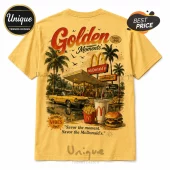 Yellow t-shirt featuring a retro McDonald's graphic with palm trees, a vintage car, fries, soda, and a burger illustration.!
