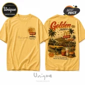 Mustard yellow cotton t-shirt with McDonald's vintage graphics, palm trees, classic car, and food illustrations on back.!