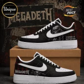 Megadeth themed sneakers with black leather textures, white soles, and Symphony of Destruction graphic art on a brown box.!