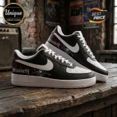 Megadeth themed black and white sneakers with red plaid pattern, skull graphic, and chain motif on wooden table.!