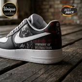 Custom leather sneakers featuring a skull graphic, red plaid heel panel, white swoosh, and Symphony of Destruction text.!