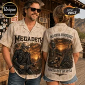 Tan short-sleeve button-down shirt featuring Megadeth band logo, skull guitarist, microphone, and guitar graphics.!