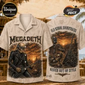 Megadeth band button-down shirt with beige fabric, skull guitarist graphic, sunset backdrop, and metal iconography.!