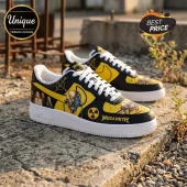 Megadeth band sneakers in black and yellow leather with Vic Rattlehead graphics, white laces, and white rubber soles.!