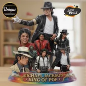 Michael Jackson collectible resin figurine set featuring multiple iconic eras on a circular base labeled King of Pop.!