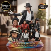 Multi-figure Michael Jackson resin collector statue featuring iconic outfits, poses, and a base inscribed King of Pop.!