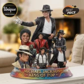 Michael Jackson multi-figure resin statue featuring various iconic eras on a base labeled King of Pop.!