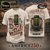 Off-white crewneck t-shirt featuring Monster Energy can graphics, Statue of Liberty, Liberty Bell, and 1776-2026 text.!