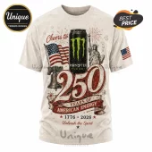 Off-white graphic t-shirt featuring a Monster Energy can, Statue of Liberty, Liberty Bell, and US flag with 250 years text.!