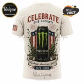 Off-white t-shirt featuring a Monster Energy can, American flag graphics, firework illustrations, and 1776-2026 text.!