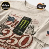 Beige cotton t-shirt with Monster Energy can graphic, US flag, Statue of Liberty, and 250 Years of American Energy text.!