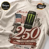 Beige crewneck sweatshirt featuring Monster Energy can, US flag, Liberty Bell, Statue of Liberty, and 250 years text.!
