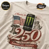 Beige cotton t-shirt with American flag, Liberty Bell, Statue of Liberty, and Monster Energy can graphic in red and green.!