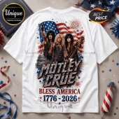 White crewneck t-shirt featuring Motley Crue band members, US flag, Capitol building, and Bless America 1776-2026 text.!