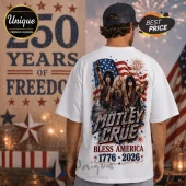 White oversized t-shirt featuring Motley Crue graphic, American flag, US Capitol building, and Bless America 1776-2026 text.!