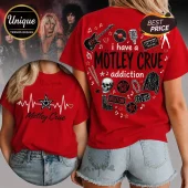 Red cotton T-shirt featuring Mötley Crüe graphic with skull, guitar, cassette tape, and heart graphics on the back.!