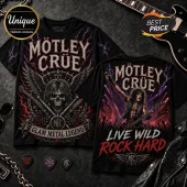 Mötley Crüe black graphic t-shirt featuring skull, wings, and Live Wild Rock Hard text on cotton fabric.!