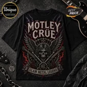 Black cotton t-shirt with Mötley Crüe logo, skull graphic, wings, and crossed electric guitars in red and grey.!