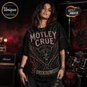 Black cotton t-shirt featuring Motley Crue logo, skull, wings, crossed guitars, and Glam Metal Legend text graphic.!